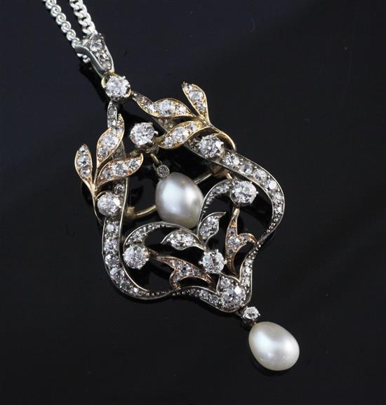 A Victorian style gold, diamond and baroque pearl drop pendant/brooch pendant 2.25in.